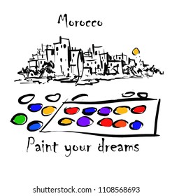 Hand drawn illustration morocco,old town,postcard