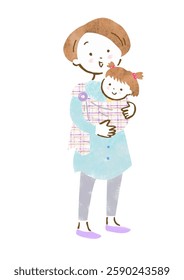 Hand drawn illustration of a mother carrying her child in a sling