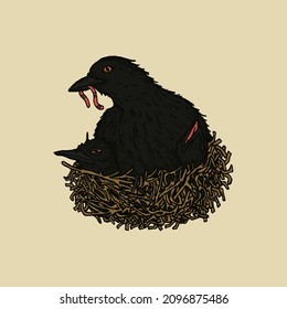 Hand drawn illustration of a mother crow feeding her two cubs in a nest