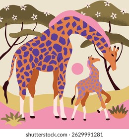 Ilustração desenhada à mão com mãe girafa e filhote e árvore guarda-chuva. Animais africanos em savana. Projeto vetorial para cartão, dia das mães, capa, scrapbook. 