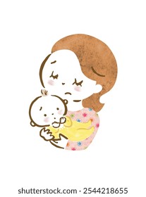 Hand drawn illustration of a mother holding her baby and looking distressed.