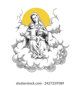 Hand drawn illustration of Mother Mary in engraving style