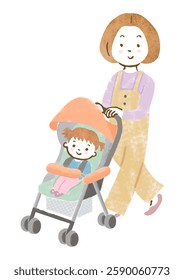 Hand drawn illustration of a mother walking with her child in a stroller.