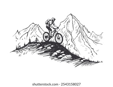 Hand drawn illustration of a mountain biker ascending a steep slope, with towering peaks in the background.