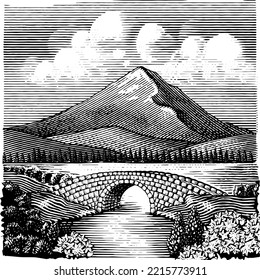 Hand Drawn illustration mountain view  The illustration is in vintage wood cut style   features tranquil river flowing under an old stone bridge to lake   snow capped mountain 