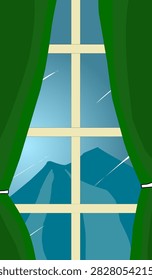 Hand Drawn Illustration of Mountain View from Raindrop Window with Curtains Open, Cozy Indoor Scene with Green Curtains Frame on Mountain and Rain View