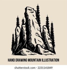 Hand drawn illustration of mountains and trees.