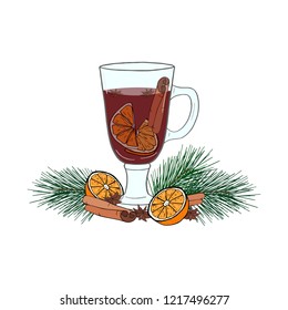 Hand drawn illustration of mulled wine. Winter composition of glass of wine, pine branch, seasoning and fruits on white background. Christmas illustration for holiday decoration, icon, poster, card.
