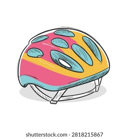 A hand drawn illustration of a multi-colored cycling helmet featuring a stylized design with bright yellow and pink stripes