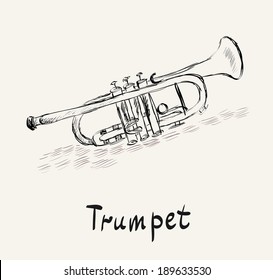 Hand drawn illustration of musical golden trumpet.