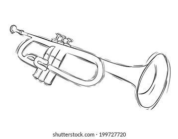 Hand drawn illustration of musical golden trumpet.