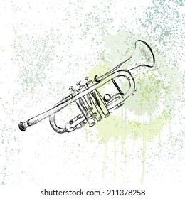 Hand drawn illustration of musical golden trumpet.