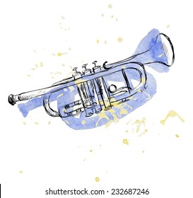 Hand drawn illustration of musical sketch trumpet.