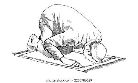 Hand drawn illustration of a muslim praying in prostration. A Muslim man standing in prostration with a cap on his head. Charcoal drawing technique or engraving.