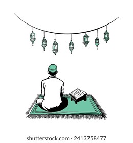 Hand drawn illustration of a muslim praying in prostration. A Muslim man in prostration with a cap on his head, for Ramadan Kareem month concept. Hand drawn technique vector illustration.