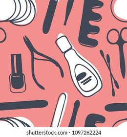 Hand Drawn Illustration Nail Tools . Creative Ink Art Work. Actual Vector Drawing Manicure And Pedicure Seamless Pattern