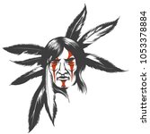 Hand drawn illustration of native american indian warrior. Tribal native american with painted face and feathers. Vector illustration.