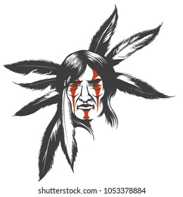 Hand drawn illustration of native american indian warrior. Tribal native american with painted face and feathers. Vector illustration.