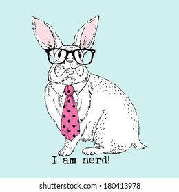 Hand drawn illustration of nerd bunny in hipster glasses and tie