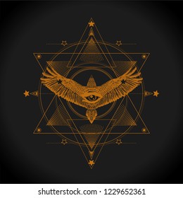 Hand drawn illustration. New world order. All seeing eye with flying bird and six pointed star.