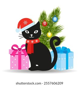 Hand drawn illustration of a New Year black cat with a Christmas tree and gifts with shadow on a white background.