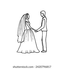 hand drawn illustration of newlyweds holding hands standing opposite each other. wedding drawing in doodle style