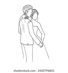 hand drawn illustration of newlyweds standing next to each other holding hands and hugging or they are dancing a slow dance. drawing. bride and groom in doodle style