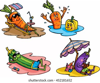
Hand drawn illustration of nice veggies on vacation. Carrot and pepper on deck taking a bath in the sea, the beach zucchini, eggplant reading a book under the 'umbrella on the sand.
