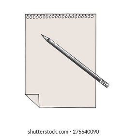 Hand drawn illustration of a note and pencil isolated on a white background