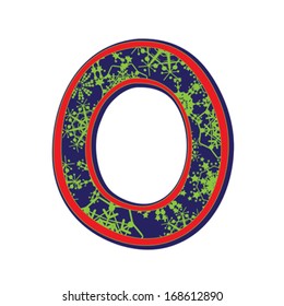 Hand drawn illustration of the O capital letter with a green winter snowflakes ornamentation on dark blue, one element isolated on white