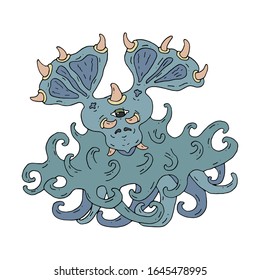 Hand drawn illustration octopus, vector isolated on white background. Aquatic animal for print t-shirt, cup, flyer, postcard design, children book illustrating. Flat cartoon character. Marine theme. 