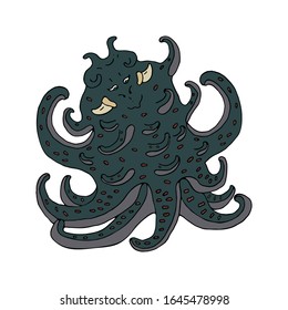 Hand drawn illustration octopus, vector isolated on white background. Aquatic animal for print t-shirt, cup, flyer, postcard design, children book illustrating. Flat cartoon character. Marine theme. 