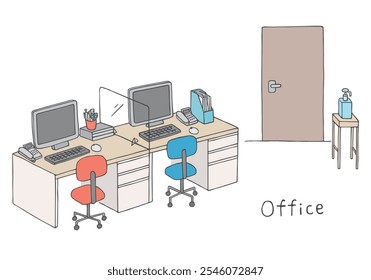 Hand drawn illustration of office desk and computer