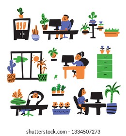 Hand drawn illustration of office workers, surrounded by plants. Plantscaping service concept. Vector. Doodle style