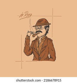 Hand drawn illustration Old man in brown suit and hat lighting cigarette