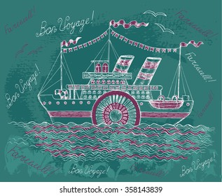 Hand drawn illustration with old steam ship on textured background. Doodle line art illustration with hand drawn design elements