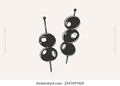 Hand drawn illustration of olives on skewers. Ideal for food and drink themes, especially cocktails or appetizers.