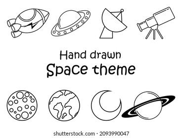 hand drawn illustration on space theme on white background