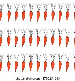 Hand drawn illustration on white backdrop. Vector design element. Funny orange carrots. For advertising and selling eco-farm products, products and natural cosmetics.