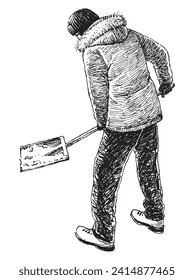 Hand drawn illustration of one man with shovel removing snow, vector illustration isolated on white