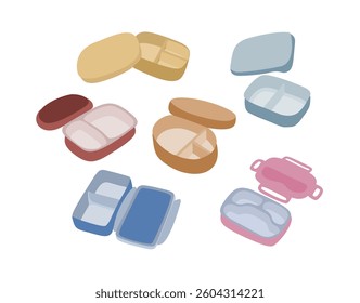 A hand drawn illustration of an open, empty lunch box, for food-related designs, meal prep visuals, restaurant menus, and packaging concepts.