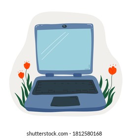 Hand drawn illustration of opened laptop wth floral elements in streamlined shape. Colored vector icon, sticker, clipart