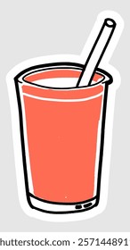 hand drawn illustration of orange juice in a glass with a straw in colored line style