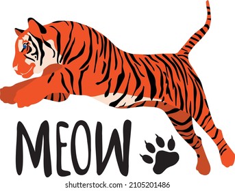 Hand drawn illustration with orange tiger and lettering. Poster design with meow lettering for cards, prints, stickers.