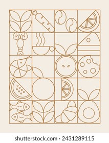 Hand drawn illustration. Organic fruit, vegetable, fish, seafood, coffee and bakery geometric pattern. Abstract geometric line background. Gold luxury. Healthy Food pattern