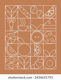 Hand drawn illustration. Organic fruit, vegetable, fish, seafood, coffee and bakery geometric pattern. Abstract geometric line background. Gold luxury. Healthy Food pattern