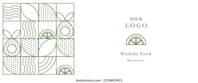 Hand drawn illustration. Organic fruit - avocado and orange. Geometric pattern. Abstract geometric line background.  Healthy Food pattern. Web banner. 