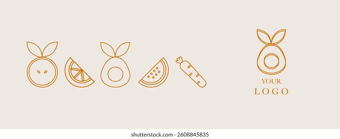 Hand drawn illustration. Organic fruit line background. Gold luxury  Healthy. Food pattern -  apple, carrot, avocado, watermelon. Gold luxury 