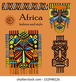 Hand drawn illustration. Ornamental element.African mask.African Set