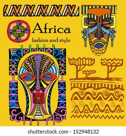 Hand drawn illustration. Ornamental element.African mask.African Set